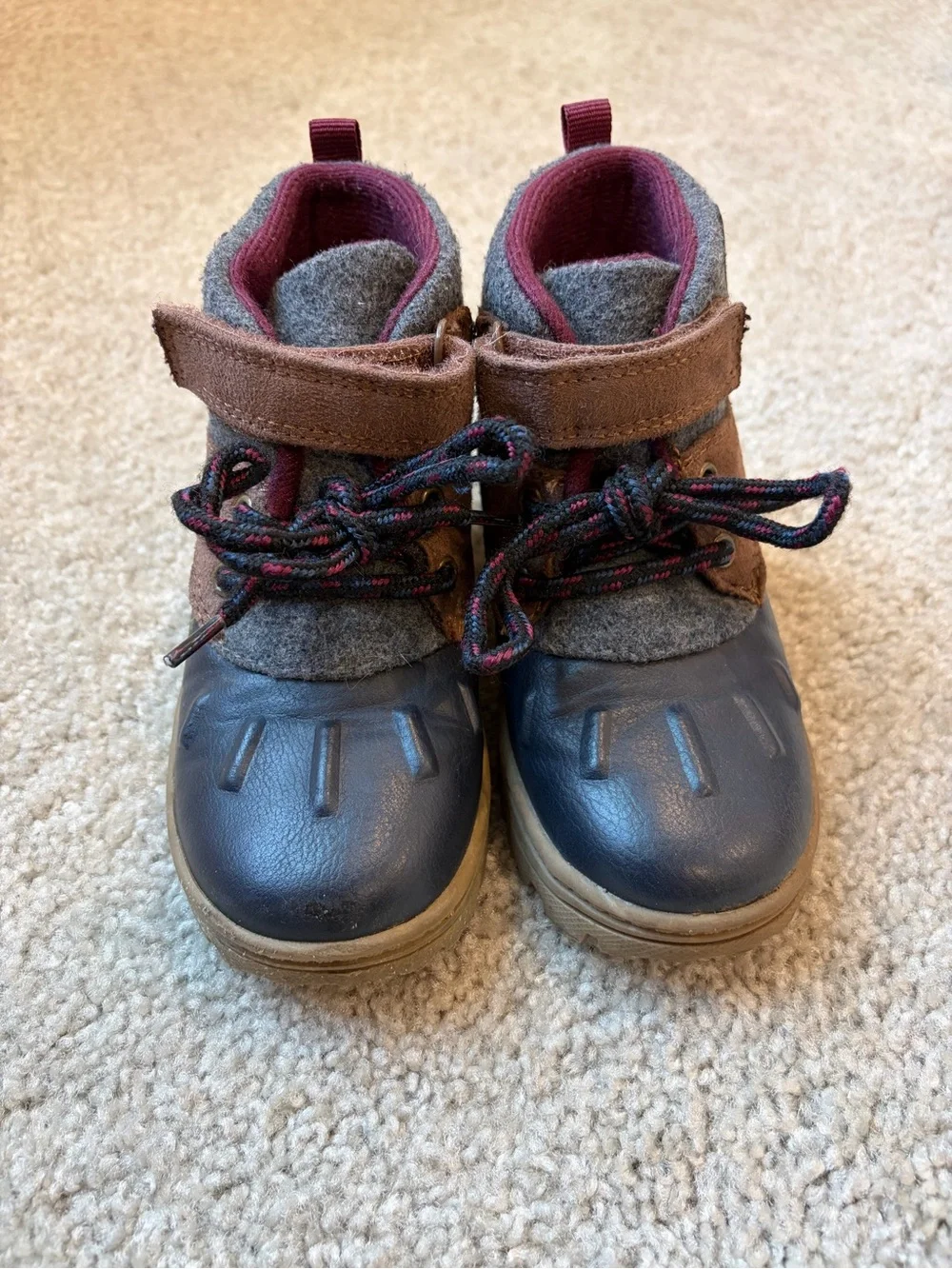 Carter's Navy Blue and Brown Toddler Winter Duck Boots with Gray Felt Cuff